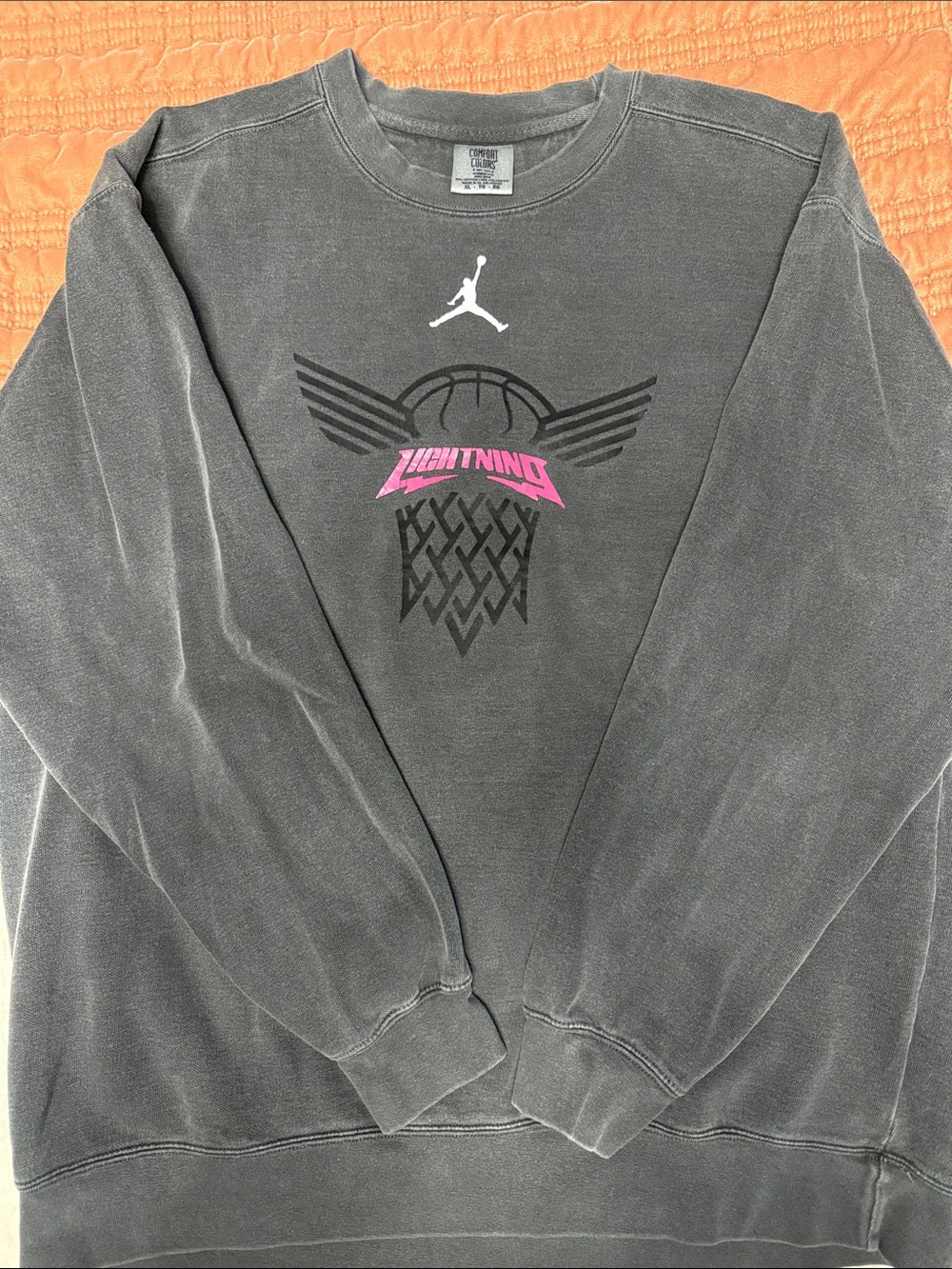 Comfort Colors Gray Crewneck sweatshirt with Pink Lightning Graphic